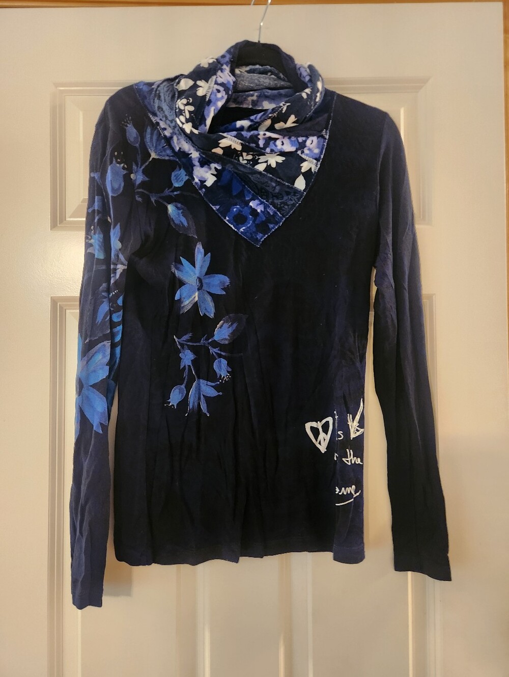 Desigual Blue Floral Scarf-Neck Long Sleeve Top, Size Small